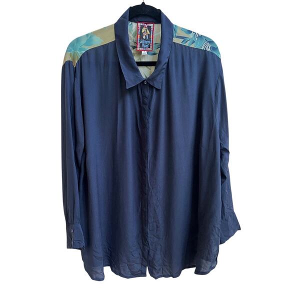 Johnny Was Button Down Shirt Sz 1X Navy Blue Floral Black Oversized Boho - Picture 1 of 4